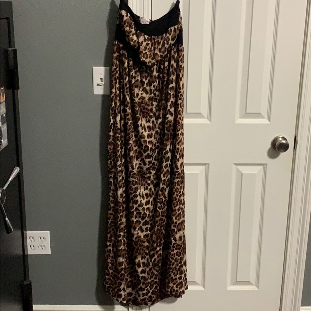Strapless animal print maxi dress.